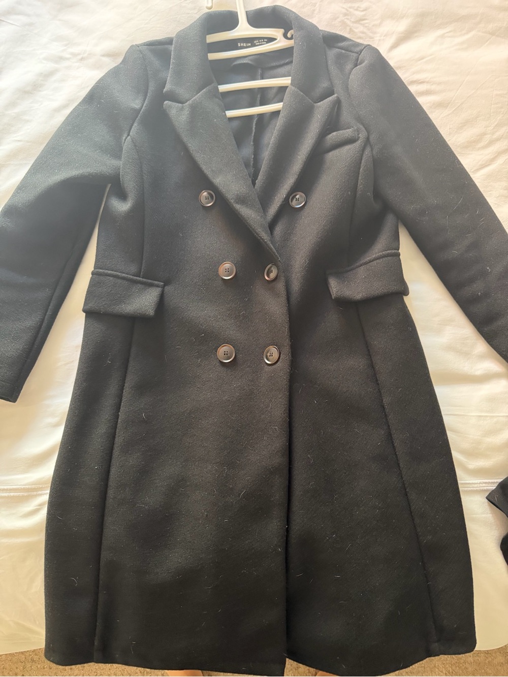 SHEIN Black Double-Breasted Wool-Blend Pea Coat
